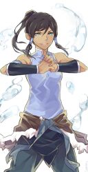  aqua_eyes avatar_legends bare_shoulders black_hair cracking_knuckles curryuku dark-skinned_female dark_skin female fur_trim grin hair_tubes highres hydrokinesis korra ponytail sleeveless smile solo the_legend_of_korra water 