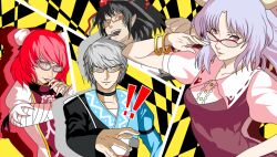  1boy 3girls all-out_attack bandages bespectacled black_hair bracelet chinese_clothes choker collarbone commentary_request double_bun glasses grey_hair hair_bun hat ibaraki_kasen jewelry long_hair long_sleeves morichika_rinnosuke multiple_girls nihyaku_kairi open_mouth parody persona persona_4 persona_4_the_golden pink_eyes pointy_ears puffy_sleeves purple_hair red_eyes red_hair shameimaru_aya short_hair short_sleeves tokin_hat touhou watatsuki_no_yorihime wide_sleeves yellow_eyes 