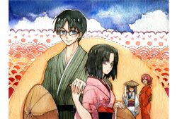  1boy 3girls ajirogasa aozaki_touko black_eyes black_hair blue_eyes commentary_request couple glasses hat japanese_clothes kara_no_kyoukai kimono kokutou_azaka kokutou_mikiya long_hair multiple_girls painting_(medium) ponytail rakuko red_hair ryougi_shiki straight traditional_media watercolor_(medium) 