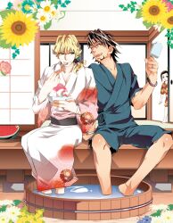  2boys barnaby_brooks_jr. blonde_hair brown_eyes brown_hair commentary_request eating facial_hair female flower food green_eyes ice_cream ichitaka japanese_clothes kaburagi_kaede kaburagi_t._kotetsu kimono multiple_boys photoshop_(medium) popsicle shaved_ice sitting soaking_feet stubble summer sunflower tiger_&amp;_bunny 