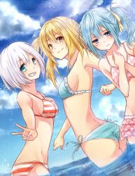  3girls ass bad_id bad_pixiv_id bikini blonde_hair blue_bikini blue_eyes blue_hair blush breasts chiu_(93spica) cloud cowboy_shot day dimples_of_venus dutch_angle fairy_tail frilled_bikini frills green_eyes grin hair_ribbon levy_mcgarden lisanna_strauss long_hair looking_at_viewer looking_down lucy_heartfilia medium_breasts multiple_girls outdoors own_hands_together polka_dot polka_dot_bikini polka_dot_swimsuit ribbon short_hair side-tie_bikini_bottom side_ponytail sideboob smile standing striped_bikini striped_clothes swimsuit v wading water white_hair 