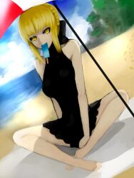  artoria_pendragon_(fate) barefoot beach beach_towel beach_umbrella blonde_hair braid breasts commentary day dutch_angle fate/hollow_ataraxia fate/stay_night fate_(series) female food french_braid hair_bun highres kumiko_shiba medium_breasts mouth_hold ocean official_alternate_costume one-piece_swimsuit popsicle saber_alter shade sidelocks single_hair_bun solo swimsuit towel umbrella yellow_eyes 