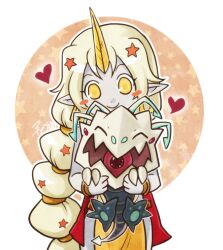  ^_^ aa2233a blue_skin blush_stickers chinese_commentary closed_eyes colored_skin commentary_request female happy heart horns hug hug_from_behind kog&#039;maw league_of_legends long_hair multi-tied_hair photoshop_(medium) pointy_ears single_horn soraka_(league_of_legends) star_(symbol) tail yellow_eyes 