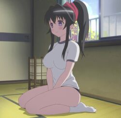  anime_screenshot female gym_uniform highres kanokon own_hands_clasped own_hands_together sitting smile v_arms window 