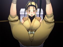  antenna_hair ass bandana black_hair blush bondage bondage bound breasts capcom female ibuki ibuki_(street_fighter) large_breasts legs legs_up looking_at_viewer open_mouth rope simple_background sitting solo street_fighter street_fighter_iii surprised thighs toilet yellow_eyes yuzurihaya 