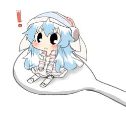  blue_hair chibi chibi_only cosplay female hat kamishirasawa_keine lagombi_(armor) long_hair lowres monster_hunter_(series) monster_hunter_portable_3rd no_nose open_mouth rebecca_(keinelove) shamoji simple_background solo spoon touhou white_background 