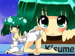  barefoot blush bucket character_name commentary_request female green_hair hair_bobbles hair_ornament highres in_bucket in_container kisume long_sleeves neosiromaruzmc off_shoulder open_mouth short_hair solo touhou twintails wide_sleeves 