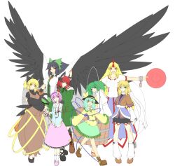  6+girls animal_ears aqua_hair arm_cannon asymmetrical_footwear bird_wings black_hair black_wings blonde_hair bow braid bucket cape cat_ears collarbone commentary_request cross-laced_footwear cuffs cup detached_sleeves green_bow green_eyes green_hair grin hair_bobbles hair_ornament hairband hairbow hat hat_ribbon heart highres holding holding_cup horns hoshiguma_yuugi in_bucket in_container kaenbyou_rin kisume komeiji_koishi komeiji_satori kurodani_yamame long_hair long_sleeves mismatched_footwear mizuhashi_parsee multiple_girls nekoutafa oerba_yun_fang open_mouth orange_eyes pink_eyes pink_hair pointy_ears ponytail puffy_sleeves red_hair reiuji_utsuho ribbon sakazuki scarf shackles short_hair short_sleeves single_horn smile standing subterranean_animism third_eye touhou twin_braids twintails weapon white_background wide_sleeves wings yellow_eyes 