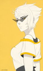  artist_name bad_link blonde_hair closed_mouth dirk_strider expressionless female genderswap_(mtf) hair_between_eyes homestuck jin-nyeh limited_palette looking_at_viewer looking_back off_shoulder rimless_eyewear rule_63 short_hair short_sleeves solo sunglasses swept_bangs tank_top triangular_eyewear upper_body yellow_background yellow_eyes 