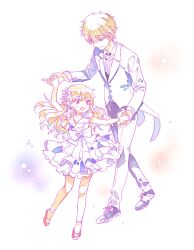  1boy aged_down armlet arnoul artoria_pendragon_(fate) bad_id bad_pixiv_id blonde_hair dancing dress fate/zero fate_(series) female flower formal genderswap_(ftm) genderswap_(mtf) gilgamesh_(fate) green_eyes hair_flower hair_ornament long_hair red_eyes rule_63 saber_(fate) suit time_paradox vest 