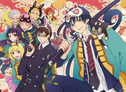  3girls 5boys angry ao_no_exorcist brothers commentary_request glasses japanese_clothes kamiki_izumo kirigakure_shura kome_kako kuro_(ao_no_exorcist) mask miwa_konekomaru moriyama_shiemi multicolored_hair multiple_boys multiple_girls okumura_rin okumura_yukio over_shoulder photoshop_(medium) pointy_ears school_uniform shima_renzou short_hair siblings sleeves_rolled_up suguro_ryuuji sword twintails two-tone_hair veins weapon 