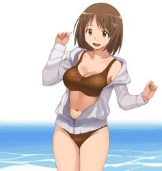  a1_(initial-g) bikini breasts brown_eyes brown_hair cleavage female hood hoodie idolmaster idolmaster_cinderella_girls large_breasts mimura_kanako open_clothes open_hoodie photoshop_(medium) short_hair solo swimsuit water 