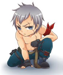  1boy ammunition_belt armband bad_id bad_pixiv_id blue_eyes boots bryan_fury chibi faye_(yuiko055) grey_hair lowres male_focus on_one_knee scar shotgun_shell solo tekken thigh_strap topless_male 