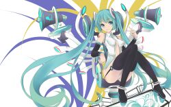  aqua_hair bad_id bad_pixiv_id bare_shoulders black_thighhighs blue_eyes boots faefaea female hatsune_miku hatsune_miku_(append) highres long_hair simple_background sitting solo thigh_boots thighhighs twintails very_long_hair vocaloid vocaloid_append white_background 