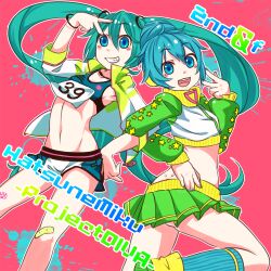  2girls 39 aqua_eyes aqua_hair bad_id bad_pixiv_id bandaid bandaid_on_knee bandaid_on_leg character_name commentary_request grin hatsune_miku hekopon jersey_(module) long_hair midriff multiple_girls open_mouth print_bandaid project_diva_(series) project_diva_2nd project_diva_f skirt smile twintails v very_long_hair vocaloid 