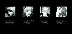  4boys character_name commentary_request crimo csi fate/stay_night fate/zero fate_(series) greyscale kayneth_el-melloi_archibald kotomine_kirei lancelot_(fate/zero) male_focus mask matou_kariya monochrome multiple_boys parody photoshop_(medium) reading scar 