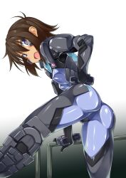  :o arm_support ass black_hair blue_eyes blush bodysuit breasts commentary_request covered_nipples female from_behind gloves gradient_background hair_between_eyes hand_on_own_hip kuronyan leaning_forward leg_lift looking_at_viewer looking_back muv-luv muv-luv_alternative muv-luv_total_eclipse oerba_yun_fang open_mouth photoshop_(medium) pilot_suit railing shiny_clothes short_hair skin_tight small_breasts solo tarisa_manandal 