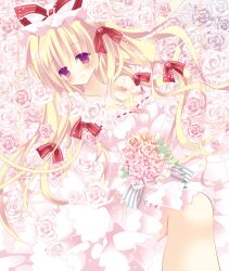  alternate_costume bad_id bad_pixiv_id beads blonde_hair blush bouquet breasts cleavage dress female flower flower_necklace hair_ribbon hashimo_yuki hat hat_ribbon jewelry large_breasts legs long_hair lying multicolored_flower multicolored_rose necklace purple_eyes ribbon rose smile solo touhou wedding_dress white_flower white_rose yakumo_yukari 