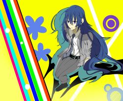  alternate_hair_length alternate_hairstyle bad_id bad_pixiv_id blue_eyes blue_hair female formal highres hip_focus k6266411on long_hair looking_at_viewer persona persona_4 persona_x_detective shirogane_naoto sitting solo suit wavy_hair 