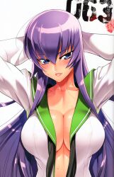  absurdres arms_up blue_eyes breasts busujima_saeko cleavage collarbone female highres highschool_of_the_dead large_breasts lips long_hair no_bra open_clothes open_shirt parted_lips photoshop_(medium) purple_hair satou_shouji scan school_uniform serafuku shirt solo sweat upper_body 