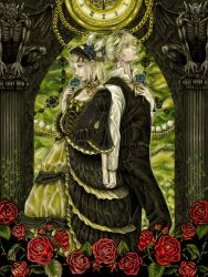  1boy back-to-back blonde_hair blue_eyes blue_flower blue_rose brother_and_sister column dress female flower from_side gargoyle goth_fashion holding holding_flower holding_hands interlocked_fingers kagamine_len kagamine_rin pillar pocket_watch red_flower red_rose rococo_movement rose short_hair siblings smelling_flower sorainu_(tegaki) tegaki twins vest vocaloid waistcoat watch 