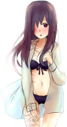  bad_link bikini black_bikini blush burn_scar female hair_over_one_eye ikezawa_hanako katawa_shoujo long_hair open_clothes open_shirt pltrgst purple_eyes purple_hair scar shirt solo swimsuit 