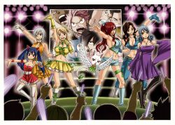  6+boys 6+girls :&lt; :d absurdres armpits bare_shoulders belt black_hair blonde_hair blue_eyes blue_hair boots bow breasts brown_eyes brown_hair cana_alberona charle_(fairy_tail) cleavage crop_top denim dress elfman_strauss erza_scarlet fairy_tail fangs feline frills gajeel_redfox gloves glowstick gray_fullbuster grey_hair grin hair_ornament happy_(fairy_tail) highres idol jeans jewelry juvia_lockser large_breasts lisanna_strauss long_hair lucy_heartfilia mashima_hiro microphone midriff monitor multiple_boys multiple_girls natsu_dragneel navel necklace no_bra official_art open_mouth pants pantyhose pink_hair ponytail red_eyes red_hair ribbon scan scar short_hair short_shorts shorts sideboob skirt smile stage taut_clothes thighhighs twintails two_side_up wendy_marvell wings wristband 