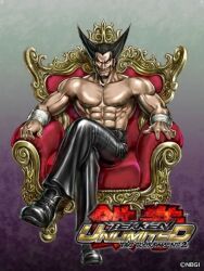  1boy abs age_regression aged_down bandages black_hair boots crossed_legs facial_hair goatee male_focus mishima_heihachi muscular muscular_male official_art pants shiny_clothes sitting solo spiked_hair tekken tekken_tag_tournament_2 throne topless_male veins yamashita_shun&#039;ya 