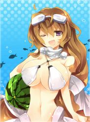  aoi_kimi bikini breasts brown_hair cleavage female female food fruit goggles kyoukai_senjou_no_horizon kyoukaisenjou_no_horizon melon purple_eyes smile solo swimsuit 