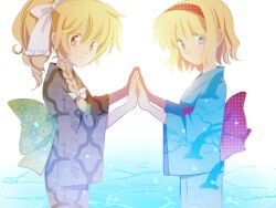  2girls alice_margatroid alternate_costume alternate_hairstyle blonde_hair blue_eyes bow braid commentary_request hairband hairbow highres japanese_clothes kirisame_marisa long_hair long_sleeves multiple_girls palms_together ponytail short_hair side_braid single_braid torisuke_(koinohito) touhou wide_sleeves yellow_eyes 