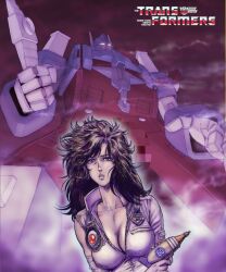  1980s_(style) autobot bad_id bad_pixiv_id breasts censored chira-urahma energy_gun english_text female large_breasts logo long_hair mecha ray_gun retro_artstyle robot science_fiction solo transformers transformers:_generation_1 ultra_magnus weapon 