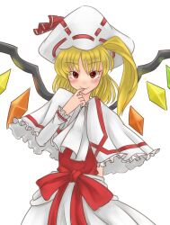  bad_id bad_pixiv_id blonde_hair blush capelet cosplay crystal curiosities_of_lotus_asia female flandre_scarlet hat hat_ribbon long_sleeves mana_(tsurubeji) red_eyes remilia_scarlet remilia_scarlet_(cosplay) ribbon short_hair side_ponytail smile solo touhou white_background wings 