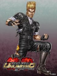  1boy biker_clothes blonde_hair boots facial_hair fighting_stance fingerless_gloves gloves male_focus official_art on_one_knee paul_phoenix sideburns solo stubble tekken tekken_tag_tournament_2 torn_clothes yamashita_shun&#039;ya 