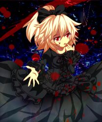  alternate_costume black_dress blonde_hair blood blood_in_mouth blood_on_face bow commentary_request dress female gothic_lolita hairbow kurodani_yamame licking licking_finger lolita_fashion long_sleeves ponytail puffy_sleeves red_eyes shirt short_hair skirt skirt_set solo tongue touhou zamudelin 