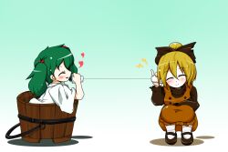  2girls blonde_hair blush bow bucket closed_eyes commentary_request green_hair hair_bobbles hair_ornament hairbow heart in_bucket in_container kagura_una kisume kurodani_yamame long_sleeves multiple_girls open_mouth short_hair smile squatting string_phone touhou twintails wooden_bucket yuri 