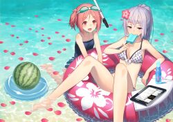  2girls :d bikini bottle commentary_request competition_school_swimsuit cube_hair_ornament floral_print flower food frilled_bikini frills front-tie_top fruit goggles goggles_on_head grey_hair hair_flower hair_ornament hibiscus holding innertube izumi_sai looking_at_viewer multiple_girls one-piece_swimsuit open_mouth original partially_submerged petals pink_eyes pink_hair polka_dot polka_dot_bikini polka_dot_swimsuit popsicle ramune school_swimsuit shiny_skin short_hair sitting smile snorkel swim_ring swimsuit tablet_pc twintails water watermelon 