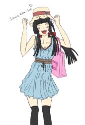  bag black_legwear blush dress girl hair_flower hair_ornament hat long_hair pale_skin ponytail sanka_rea sankarea shopping solo zombie 