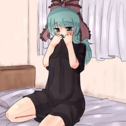  alternate_costume alternate_hairstyle bed blush bow commentary_request curtains female green_hair hair_ornament hair_ribbon hairbow hakano_shinshi kagiyama_hina long_hair ribbon seiza shirt short_sleeves sitting solo t-shirt touhou 