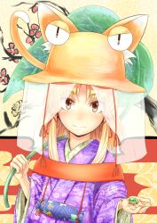  alternate_costume alternate_headwear animal animal_ears blonde_hair blush cat_ears cat_tail commentary_request female frog hat kemonomimi_mode kouzilow lily_pad long_sleeves moriya_suwako pyonta short_hair smile solo tail touhou wide_sleeves yellow_eyes 