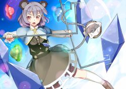  animal animal_ears basket capelet commentary_request female ginko_(nico) grey_hair jewelry long_sleeves mouse_(animal) mouse_ears mouse_tail nazrin open_mouth pendant red_eyes short_hair solo tail touhou ufo 