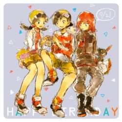  2boys aipom bad_id bad_pixiv_id bike_shorts birthday black_hair blue_eyes bouquet closed_eyes english_text ethan_(pokemon) female flower gift gloves goggles goggles_on_head grey_eyes holding kris_(pokemon) multiple_boys mym pokemon pokemon_(creature) pokemon_adventures purple_background red_hair rose silver_(pokemon) sitting smoochum sneasel yellow_eyes 