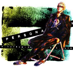  1boy bad_id bad_pixiv_id blonde_hair bullet chair character_name copyright_name delinquent folding_chair jacket jacket_on_shoulders jewelry long_sleeves male_focus necklace persona persona_4 persona_4:_the_ultimate_in_mayonaka_arena scar skull_and_crossbones solo sunglasses tatsumi_kanji xxx_buzzer 