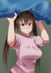  :3 aged_up bad_link breasts brown_eyes brown_hair clothes_writing female highres i_am_boss large_breasts long_hair maydrawfag minami-ke minami_kana photoshop_(medium) pillow shirt solo t-shirt twintails 