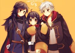  1boy 2girls ahoge ameno_(a_meno0) arm_behind_back bad_id bad_pixiv_id belt birthday blue_gloves blue_hair blush cape cloak dated elbow_gloves english_text eyelashes family father_and_daughter fingerless_gloves fire_emblem fire_emblem_awakening gloves grey_eyes hair_between_eyes hairband height_difference hood hood_down jacket locked_arms long_hair long_sleeves looking_at_viewer lucina_(fire_emblem) morgan_(female)_(fire_emblem) morgan_(fire_emblem) mother_and_daughter multiple_girls no_nose robin_(fire_emblem) robin_(male)_(fire_emblem) short_hair sleeves_past_wrists smile sparkle striped white_hair wide_sleeves wrist_cuffs yellow_background 