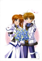  1boy :d absurdres belt blue_eyes blue_flower blue_rose blush bouquet brown_hair dress female flower fur_trim hair_ribbon higa_yukari highres jacket long_hair lyrical_nanoha magic_circle magical_girl mahou_senki_lyrical_nanoha_force official_art open_mouth purple_eyes raising_heart raising_heart_(standby_mode) ribbon rose scan short_hair side_ponytail smile steed_(nanoha) takamachi_nanoha takamachi_nanoha_(exceed_mode) thoma_avenir wings 