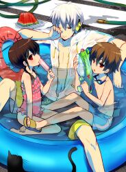  2boys amamiya_hibiya asahina_hiyori brown_hair commentary feline female food fruit goggles headphones kagerou_days_(vocaloid) kagerou_project kl_(dgzonbi) konoha_(kagerou_project) konoha_no_sekai_jijou_(vocaloid) lolicon male_swimwear multiple_boys one-piece_swimsuit open_clothes open_shirt partially_submerged photoshop_(medium) ponytail pool shirt short_hair sitting snorkel swim_trunks swimsuit twintails wading_pool water watermelon 