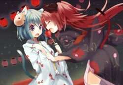  2girls alternate_costume animal_ears bad_id bad_pixiv_id blue_eyes blue_hair blush bow candy_apple cat_ears closed_eyes food hairbow japanese_clothes kemonomimi_mode kimono long_hair mahou_shoujo_madoka_magica mahou_shoujo_madoka_magica_(anime) mask miki_sayaka multiple_girls nochita_shin open_mouth red_hair revision sakura_kyoko short_hair tail yukata 