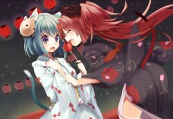  2girls alternate_costume animal_ears artistic_error bad_id bad_pixiv_id blue_eyes blue_hair blush bow candy_apple cat_ears closed_eyes food hairbow japanese_clothes kemonomimi_mode kimono long_hair mahou_shoujo_madoka_magica mahou_shoujo_madoka_magica_(anime) mask miki_sayaka multiple_girls nochita_shin open_mouth red_hair sakura_kyoko short_hair tail yukata 