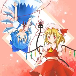  2girls aaaabo arm_behind_back ascot bad_id bad_pixiv_id blonde_hair blue_eyes blue_hair bow cirno colored_eyelashes dress fairy_wings finger_in_own_mouth flandre_scarlet hairbow hat hat_ribbon highres ice ice_wings laevatein_(touhou) looking_at_viewer midriff multiple_girls navel open_mouth photoshop_(medium) red_eyes ribbon shirt short_sleeves side_ponytail skirt skirt_set smile string string_of_fate thread touhou upside-down wings 