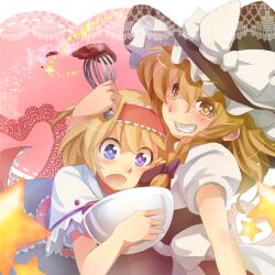  2girls :o alice_margatroid baking blonde_hair blue_eyes bow bowl chocolate commentary_request doily grin hat hat_bow heart highres k2pudding kirisame_marisa lace_background multiple_girls pink_background short_sleeves smile star_(symbol) touhou witch_hat yellow_eyes 